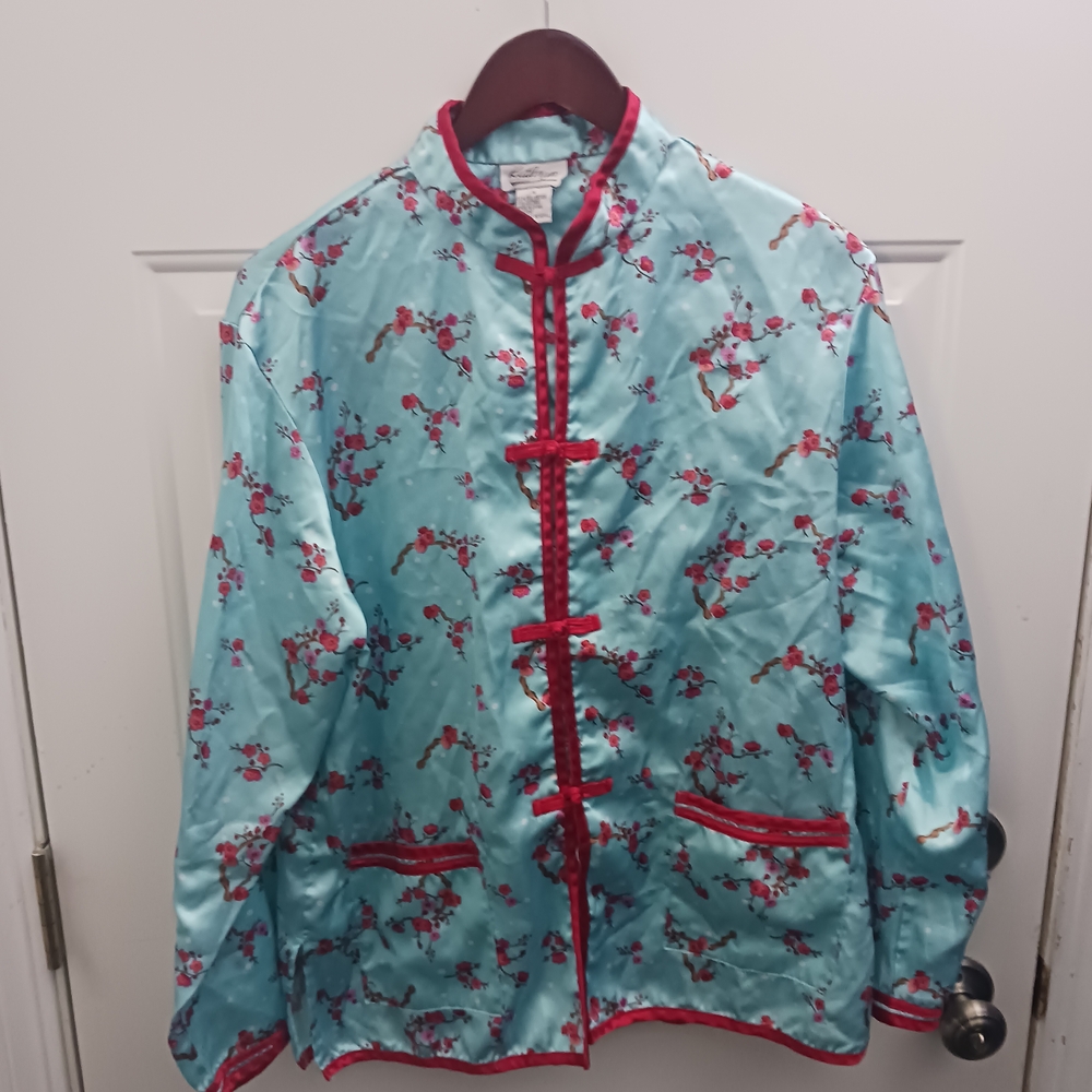 Silk-Feel Floral Mandarin Jacket - Turquoise with Red Trim